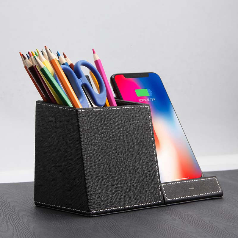 Boost Your Productivity in Style: 3-in-1 Leather Pen Holder & Wireless Charger!