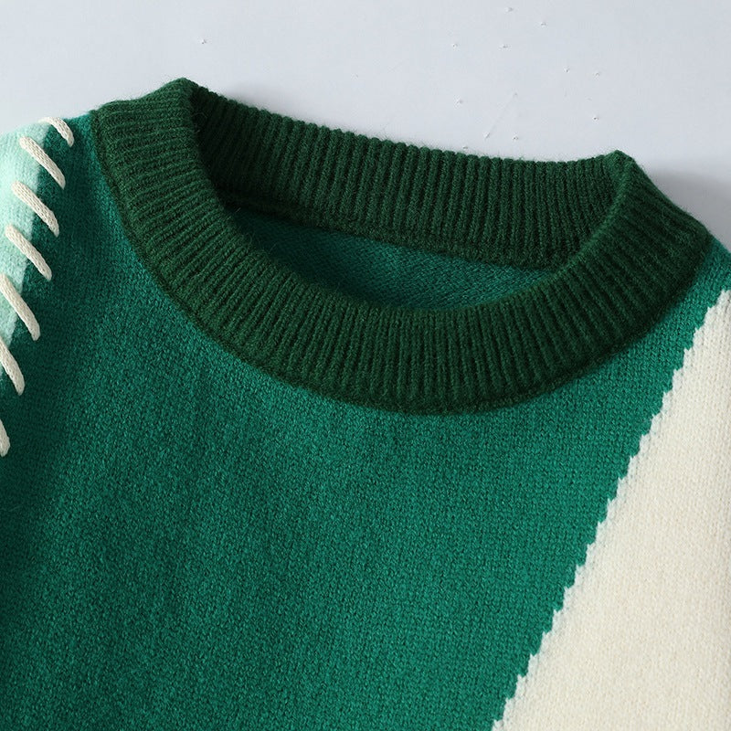 Vintage Sweater Men's Color Contrast Patchwork Round Neck Knitted Sweater