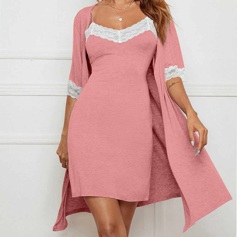 Pajama Suit Lace Stretch Slip Nightdress Nightgown Two-piece Set: Comfortable Home Wear
