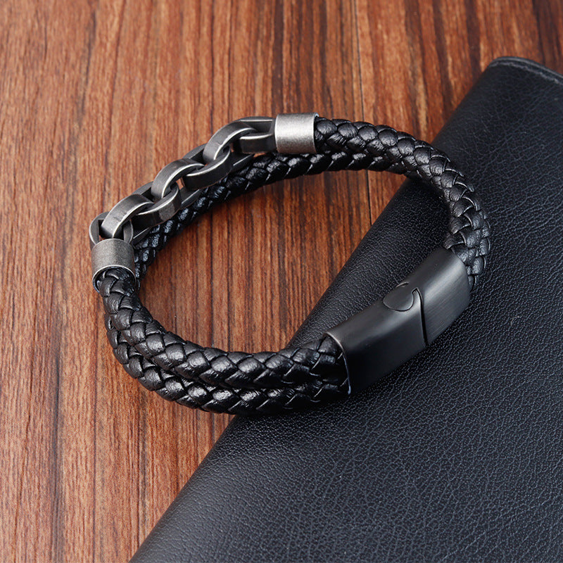 Black Genuine Leather Chain Bracelet with Magnetic Buckle