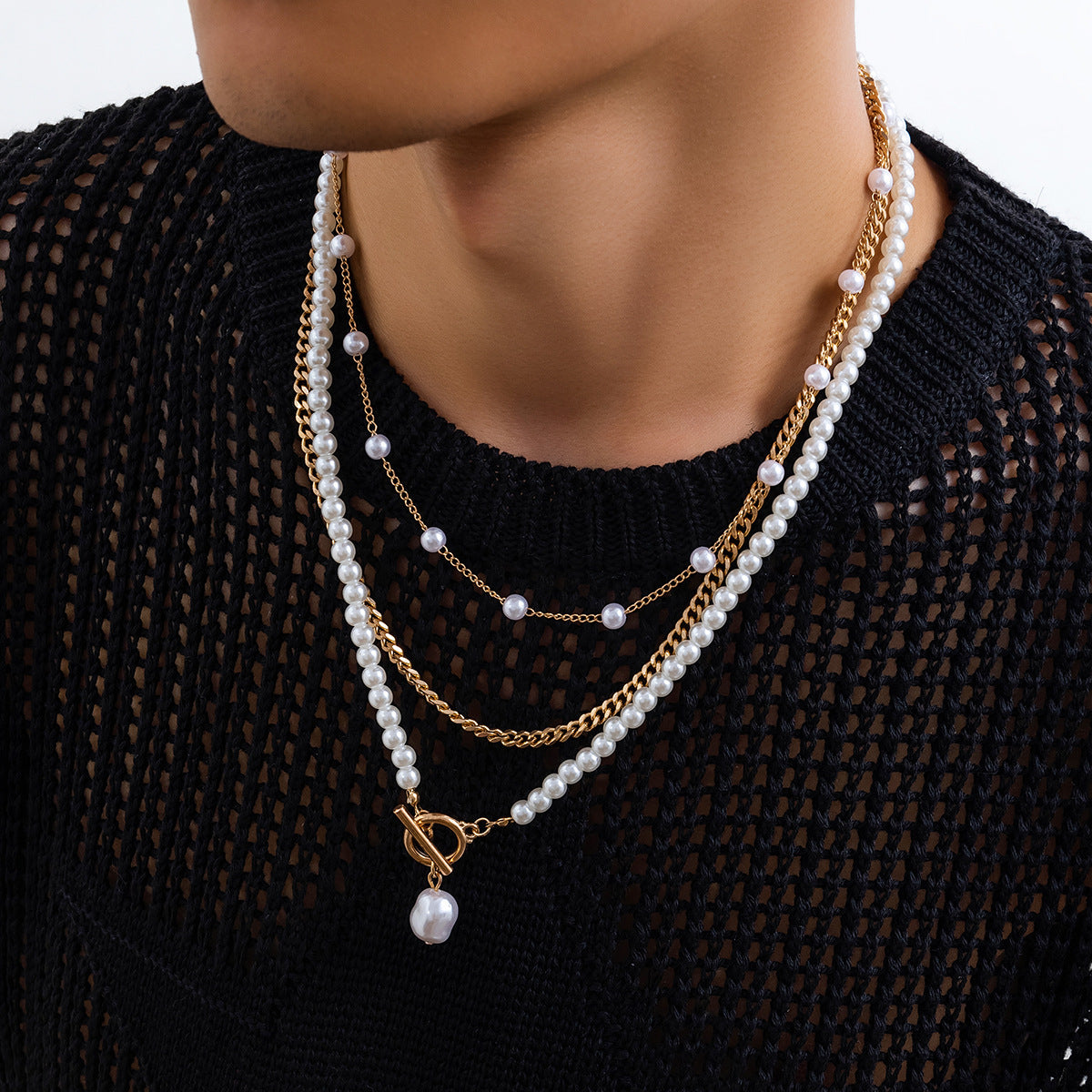 Men's OT Buckle Pearl Chain Necklace Three-piece Set