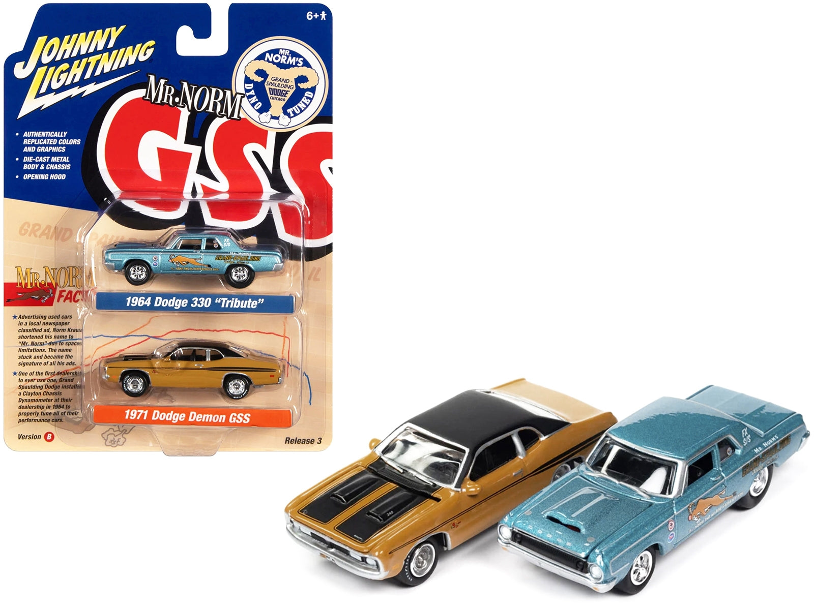 1964 Dodge 330 "Mr. Norm - Grand Spaulding Dodge" Blue Metallic and 1971 Dodge Demon GSS Butterscotch Orange with Black Top