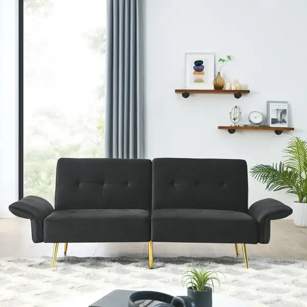 78" Italian Velvet Futon Sofa Bed w/Storage - Black Sleeper Couch