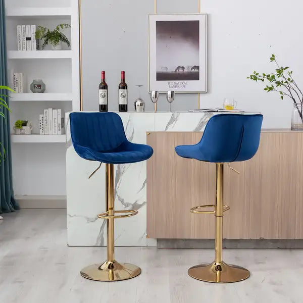 Navy Velvet Bar Stools Set of 2 | Swivel, Height Adjustable, Chrome Base - Minihomy