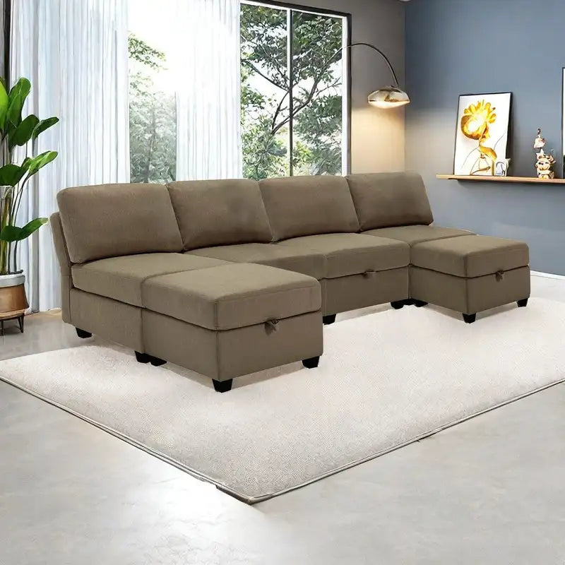 Modern U-Shaped Linen Sectional Sofa with Storage & Adjustable Backs