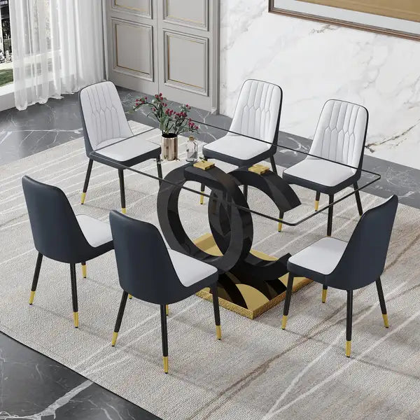 Modern Minimalist Glass Dining Table for 6-8 | Black Metal Base & Tempered Glass Top - Minihomy