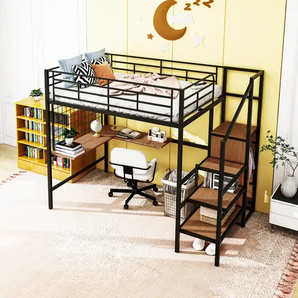 Full Size Metal Loft Bed with Desk, Storage Ladder & Wardrobe - Black - Minihomy