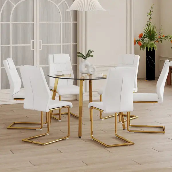 Modern Minimalist Glass Dining Table & White PU Leather Chair Set