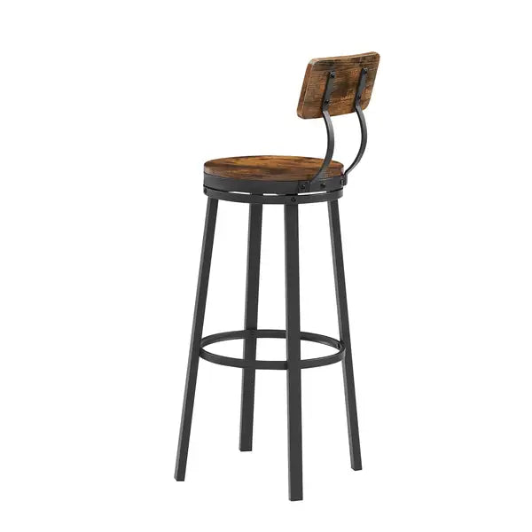 Industrial Bar Stools Set of 2 with Backrest - Rustic Brown, 29.5" High, Metal Frame - Minihomy