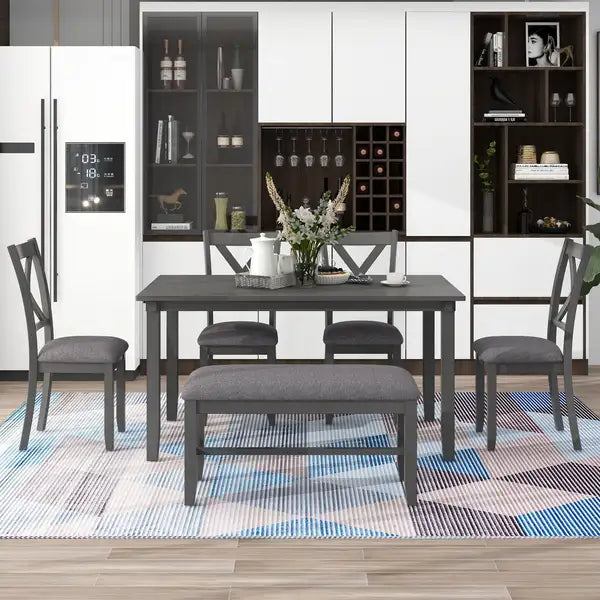 TREXM 6-Piece Kitchen Dining Table Set - Rectangular Wooden Table, 4 Chairs & Bench (Gray)