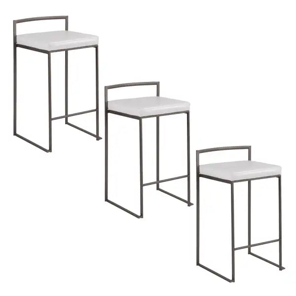 LumiSource Fuji 26" Metal Counter Stools - Set of 3, Antique Metal & White Faux Leather