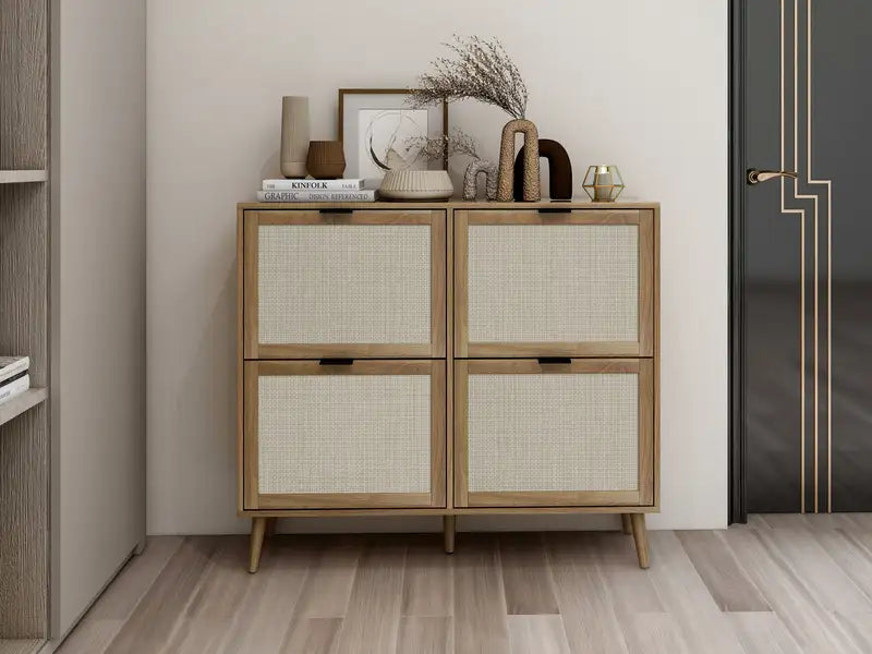 Modern Rattan Shoe Cabinet: 4-Door Freestanding Entryway Storage