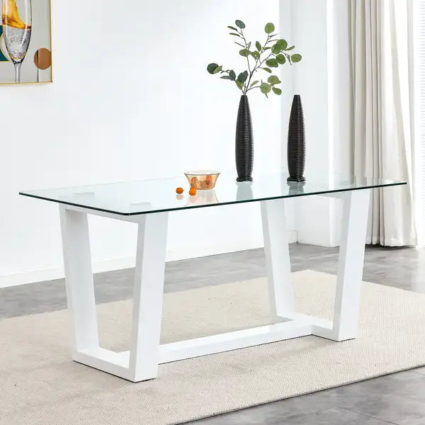 Large Modern Dining Table for 6-8 | Tempered Glass Top & White MDF Base - F-1550