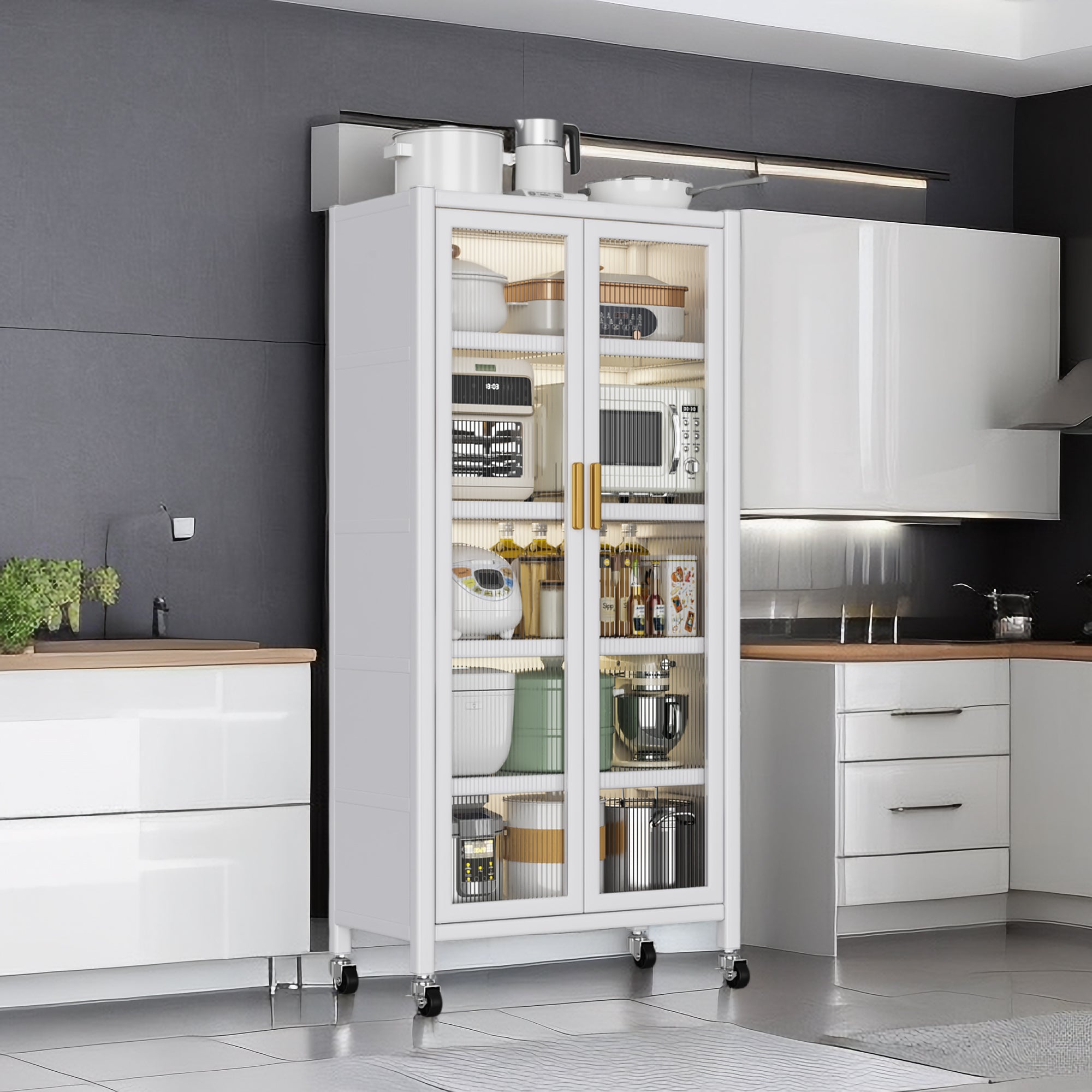 White Floor-to-Ceiling Kitchen Cabinet with Microwave Storage & Open Shelves