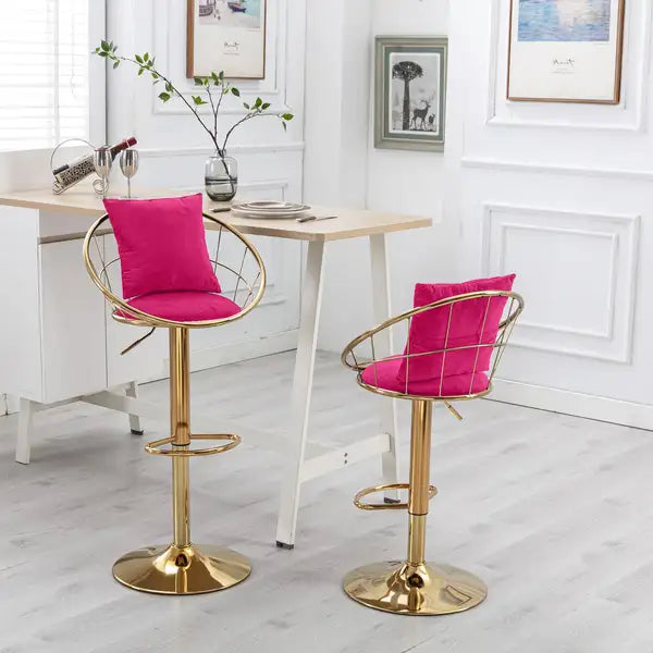 Rose Red Velvet Bar Stools - Gold Plated, Adjustable Height, Set of 2