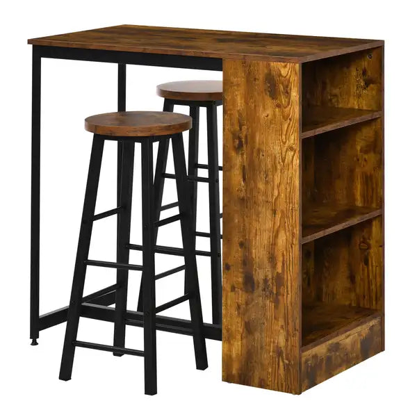 HOMCOM Rustic Brown Pub Table Set w/ Storage Shelf - 3 Pieces