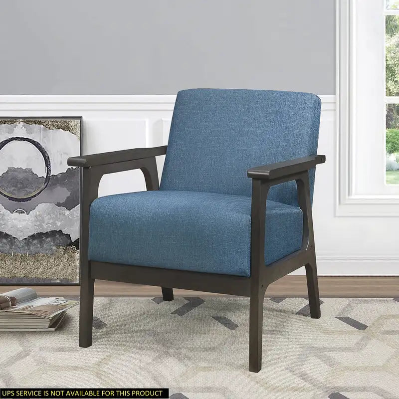 Blue Accent Chair - Upholstered Fabric, Rubberwood Legs, Antique Gray