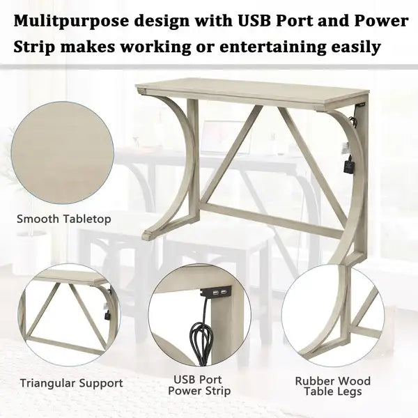 Farmhouse 3-Piece Counter Height Dining Set with USB Port & Upholstered Stools, Cream - Minihomy