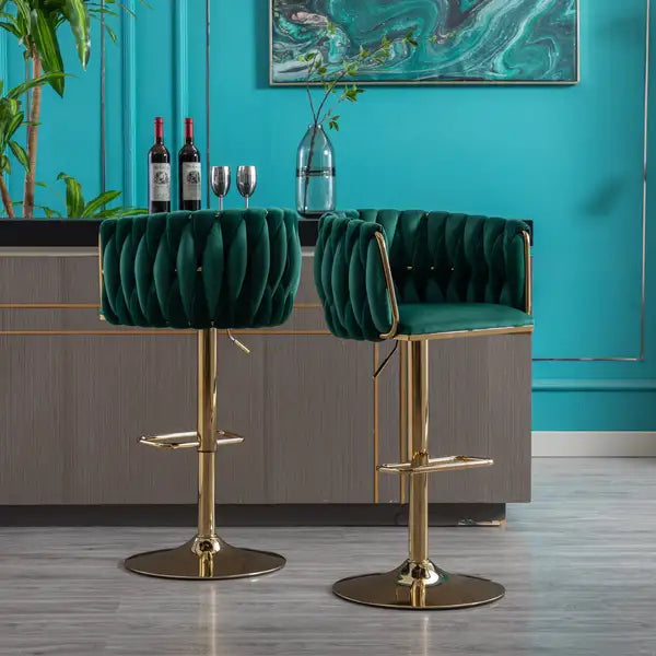 Set of 2 Swivel Height Adjustable Velvet Bar Stools with Chrome Base - Green