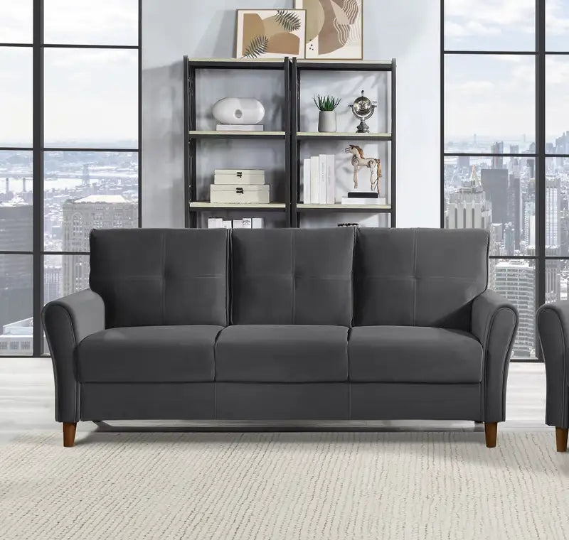 Gray Velvet Sofa - Modern Tufted Plush Living Room Furniture