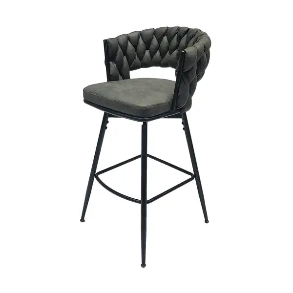 Tan Leather Woven Bar Stools Set of 2 - Black Legs, Swivel, Backrest & Footrest - Kitchen Island Counter Chairs