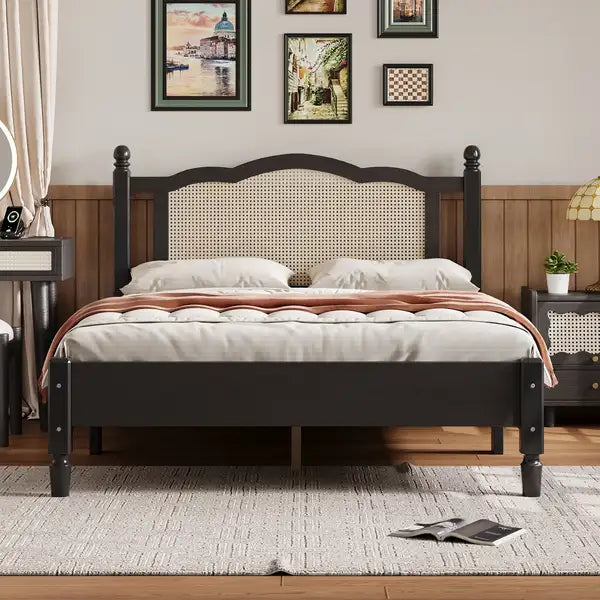 Full Size Wooden Platform Bed with Rattan Headboard - Vintage Bed Frame - Black