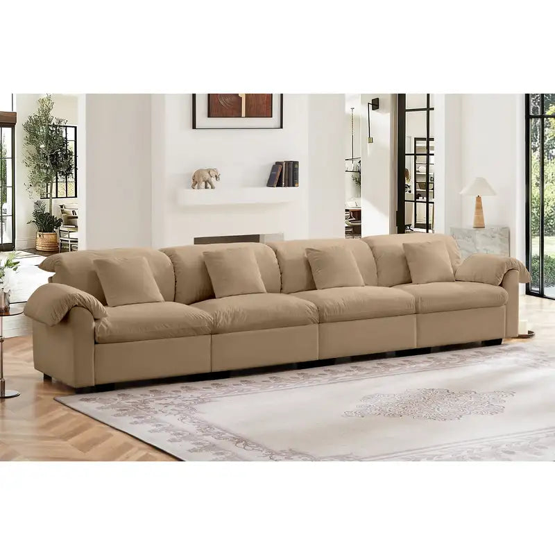 Tan Velvet 4-Seater Sofa with Storage - Extra Large