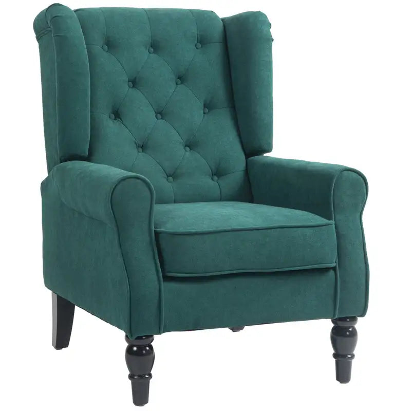 Dark Green Wingback Accent Chair: Button Tufted, High Back, Padded Seat