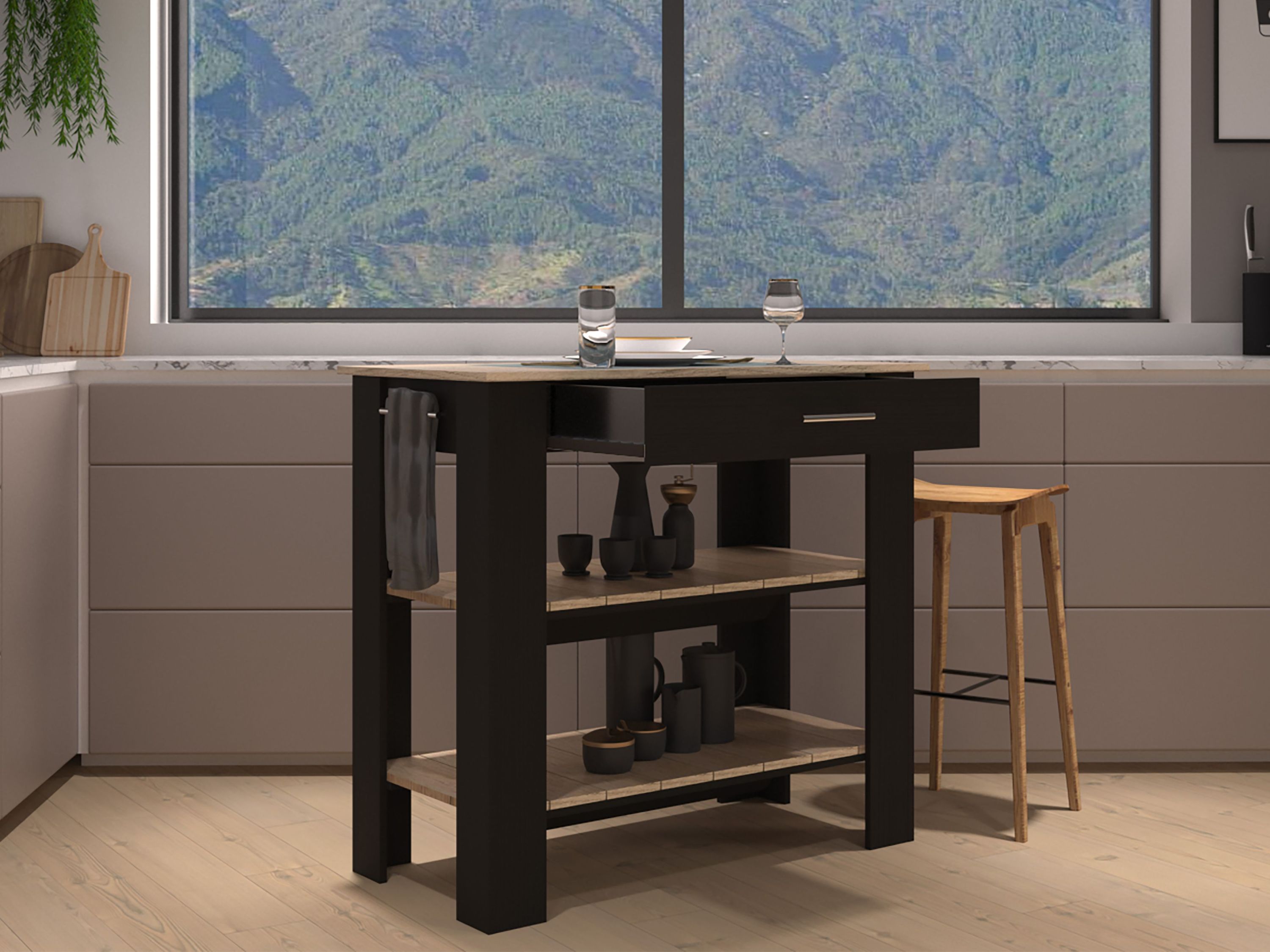 Kitchen Island with Storage - 37" High, Black & Light Oak