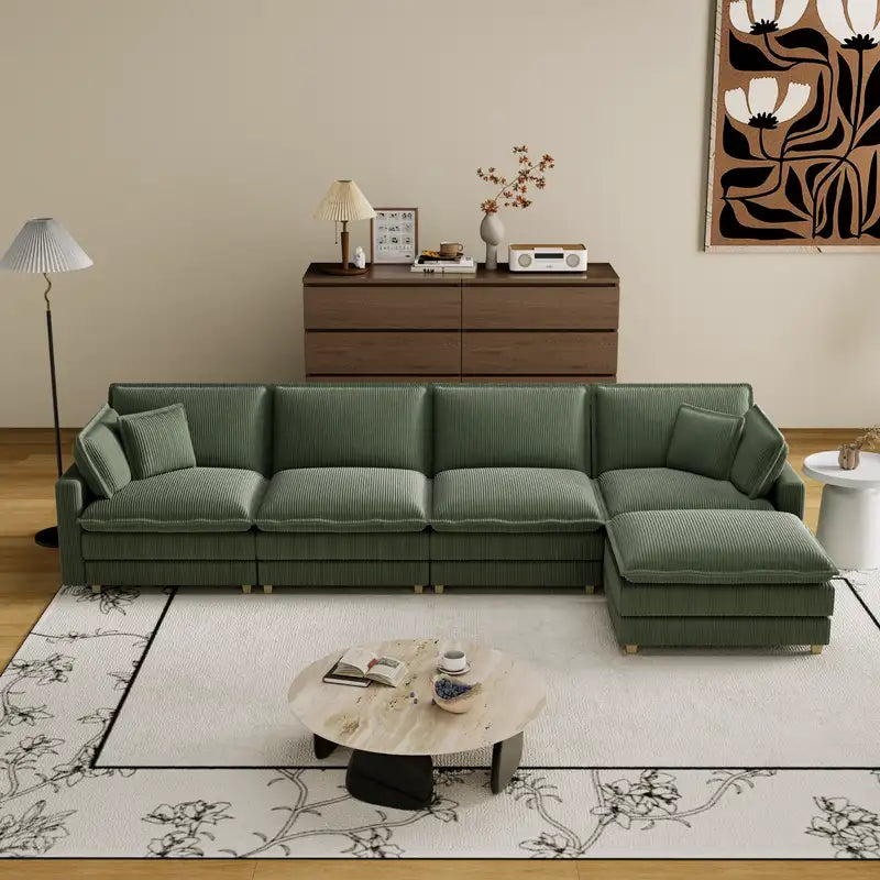 Green L-Shaped Sectional Sofa - Modern & Cozy, 4 Pillows