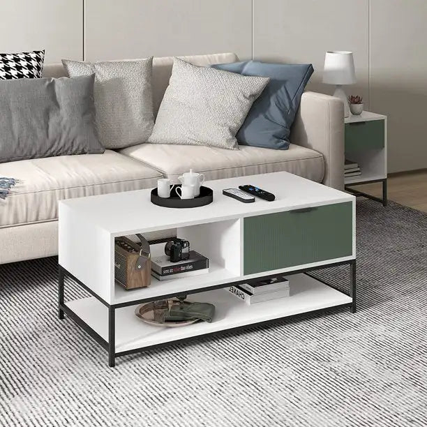 Watson 39" Coffee Table: White & Green Wood, Steel Frame, Shelves & Drawer