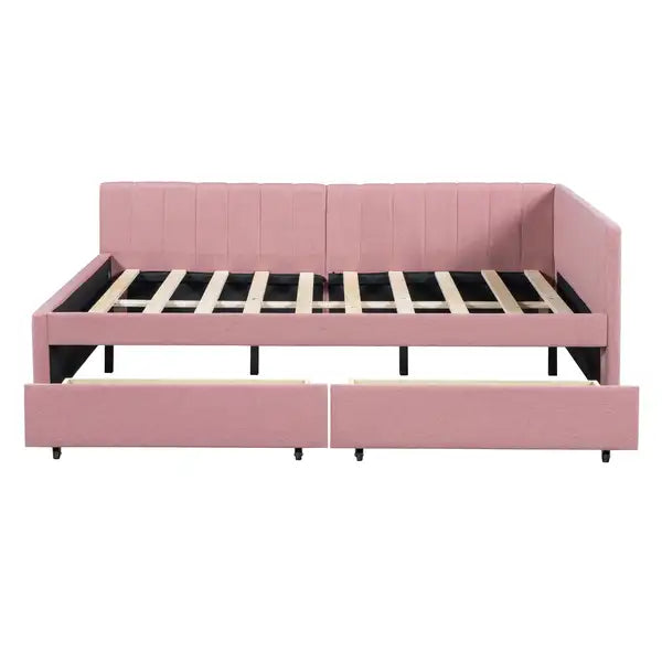 Full Size Upholstered Daybed with Storage Drawers - Linen Fabric (Pink) - Minihomy