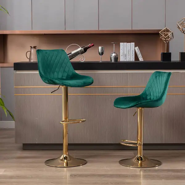 Height Adjustable Velvet Bar Stools with Chrome Base & Footrest (Set of 2) - Green - Minihomy