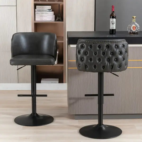 Modern Swivel Bar Stools | Adjustable Height | PU Upholstered | Tufted Back | Dark Gray (Set of 2) - Minihomy