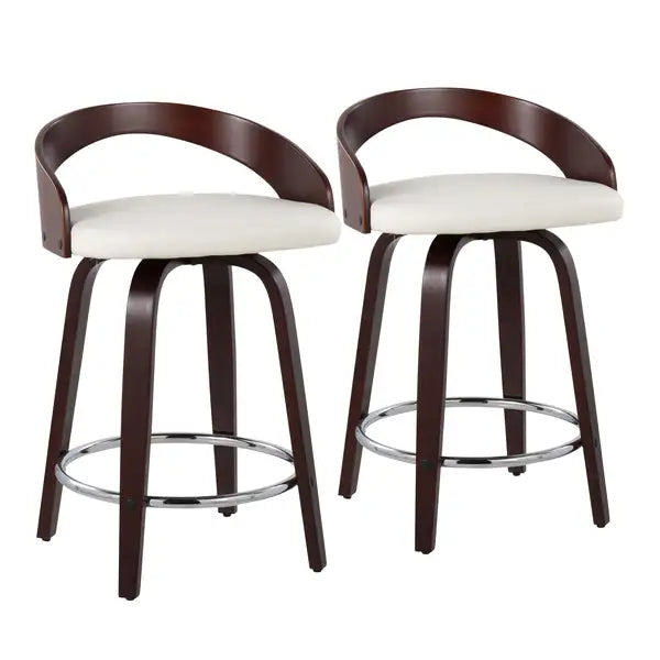 LumiSource Grotto Swivel Counter Stools - Cherry & White Faux Leather (Set of 2)