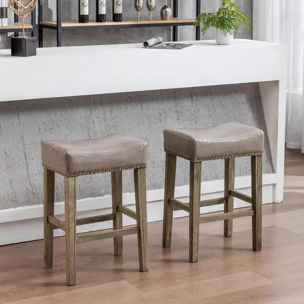 A&A Furniture Gray Faux Leather Counter Height Bar Stools (Set of 2) - 26" Backless, Farmhouse Style - Minihomy