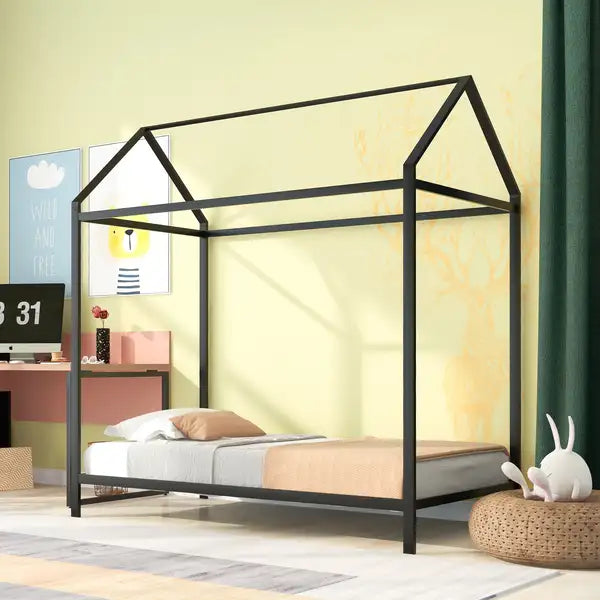 Twin Metal Platform Bed Frame - Kids Floor Bed, Black, No Box Spring Needed