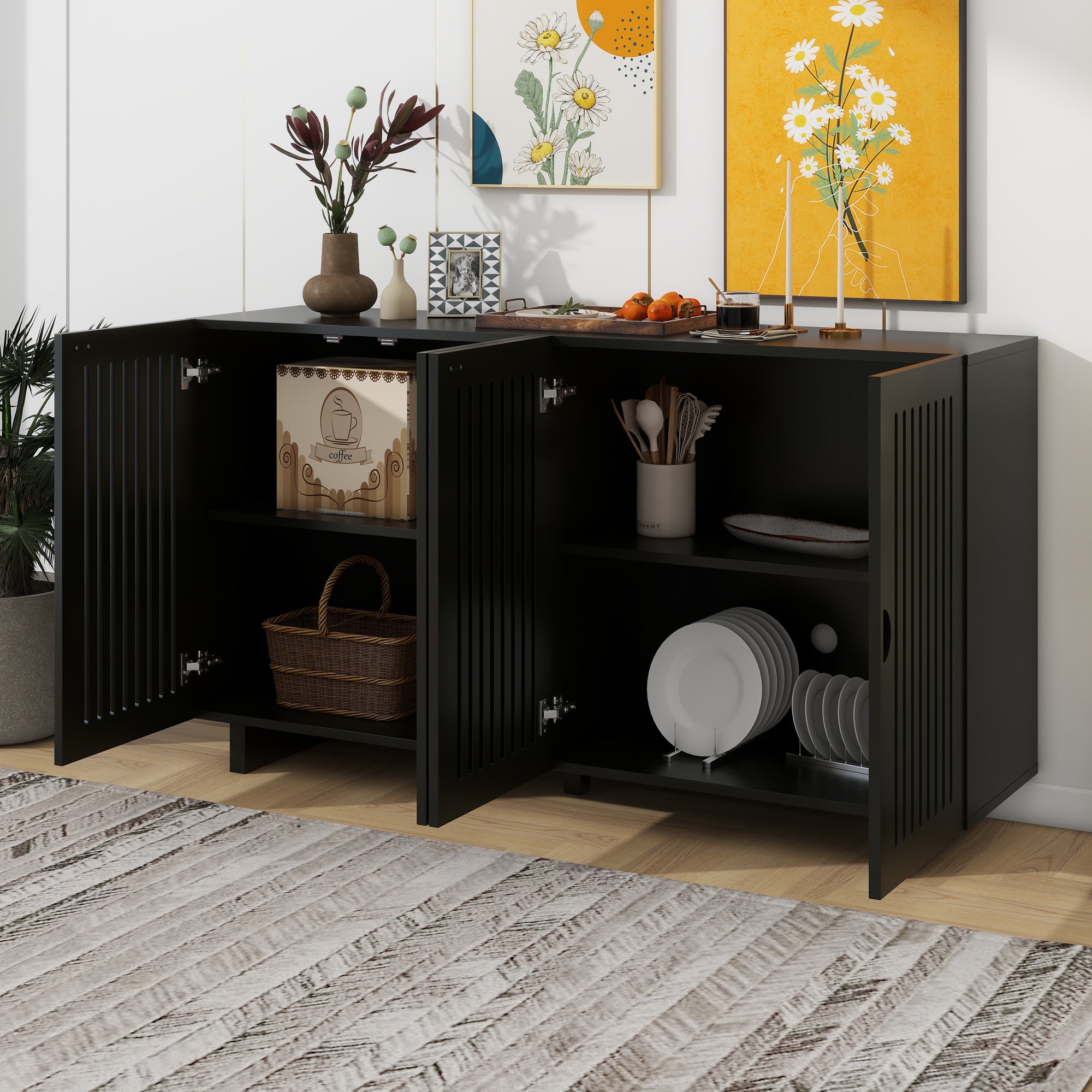 Modern Sideboard with Storage, Hollow Door & Adjustable Shelves - Black (TREXM)