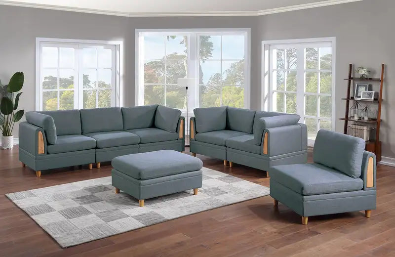 7-Piece Contemporary Sectional Sofa Set with Ottomans - Steel Dorris Fabric