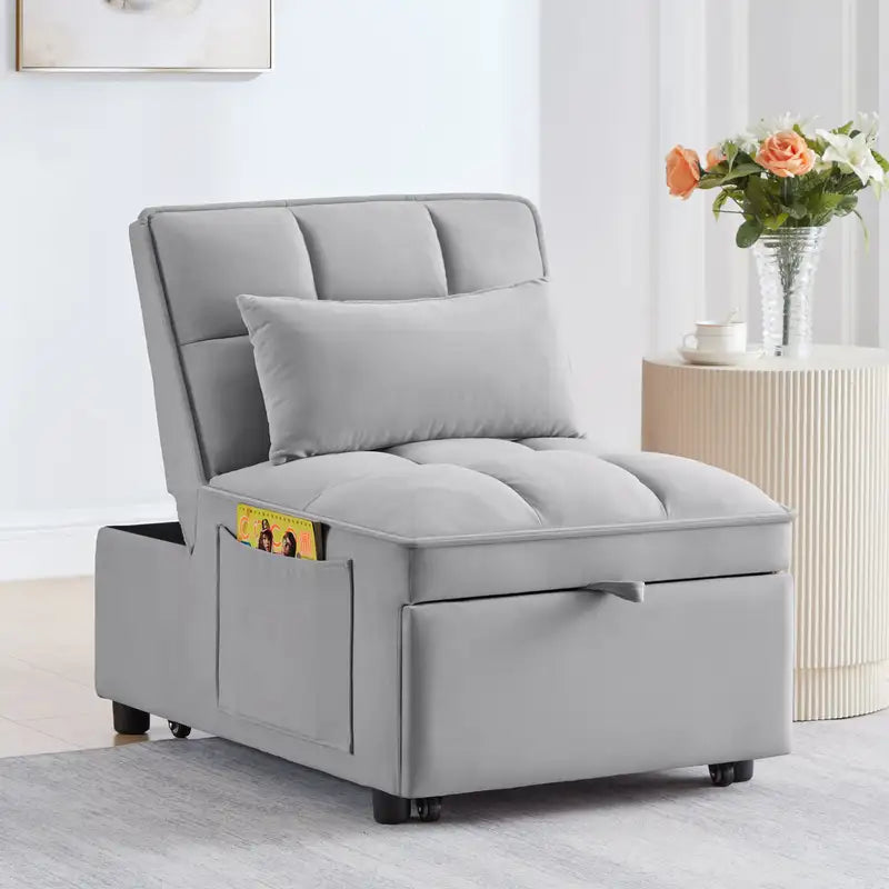 Gray Single Sofa Bed with Storage - 4-in-1 Convertible Chaise Lounge