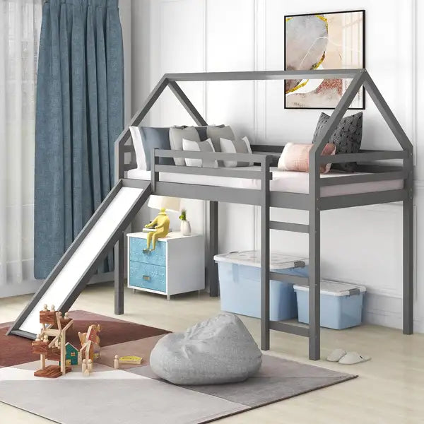 Twin Loft Bed with Slide | Gray Kids Bunk Bed with Slide - WF281158AAE