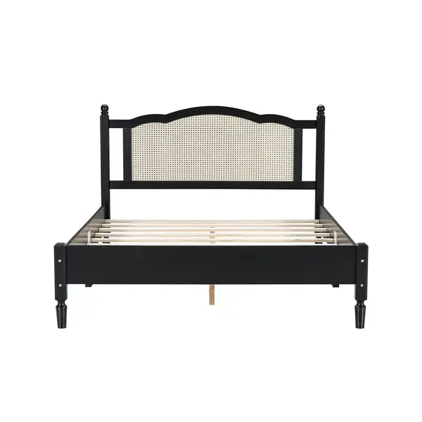 Queen Size Wooden Platform Bed with Natural Rattan Headboard - Vintage Bed Frame - Black