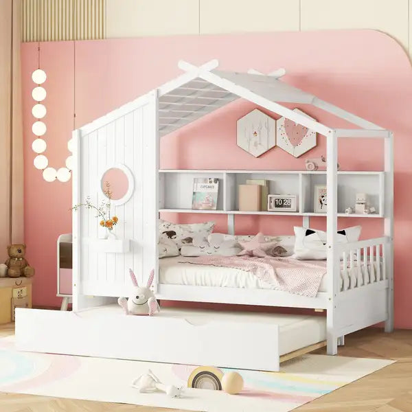 Twin Size House Bed with Trundle & Storage - White Modern Kids Bed