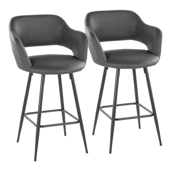 LumiSource Margarite Black Metal Counter Stools (Set of 2) - Grey Faux Leather, Square Footrest - Minihomy