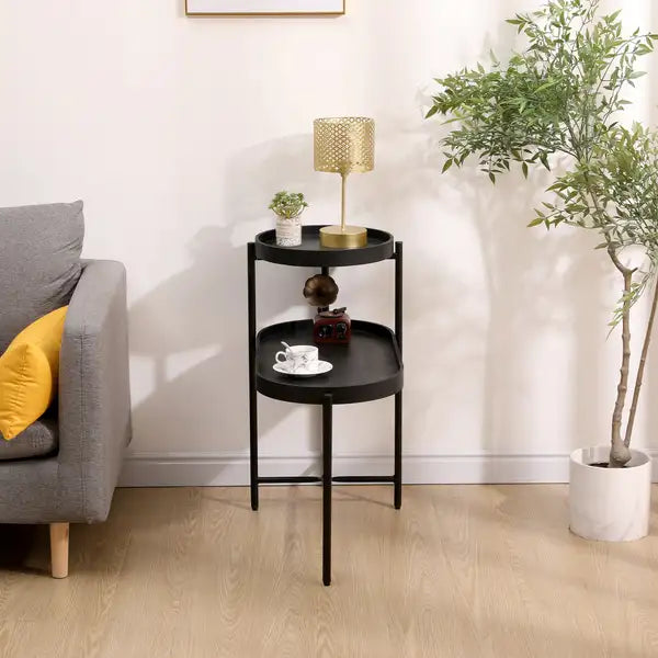 Black Metal Side Table with Storage - 2-Tier Sofa End Table