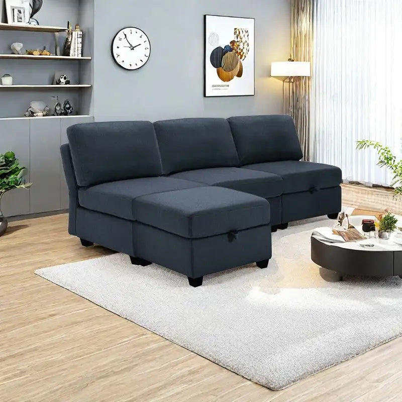 Blue Convertible L-Shaped Sectional Sofa with Chaise & Storage