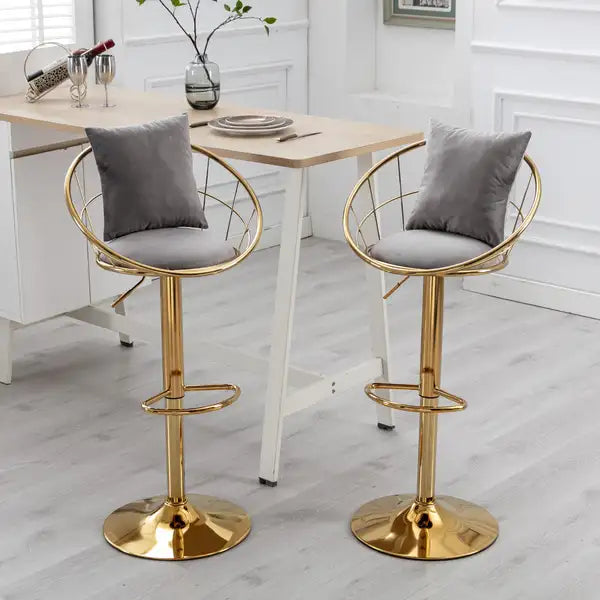 Gold & Grey Velvet Bar Stools (Set of 2) - Adjustable Height, 360° Swivel