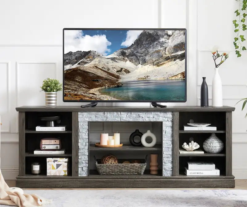 70" Grey TV Stand with Storage & Faux Stone, Modern Media Console