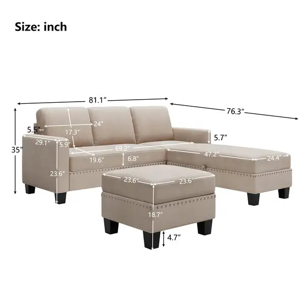 Reversible L-Shaped Sectional Sofa with Ottoman & Storage - Warm Grey