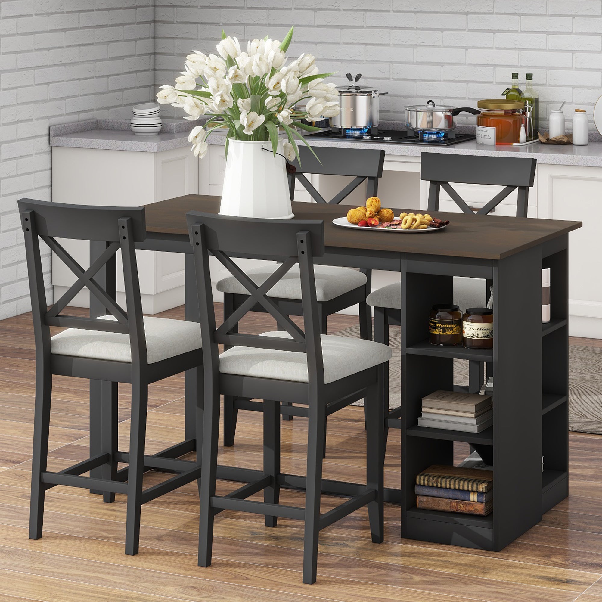 Farmhouse Counter Height Dining Set | 4 Chairs, 3-Tier Storage, Gray - TOPMAX